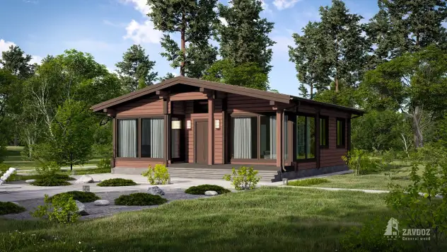 Проект 11050 «Рейне» - одноэтажный дом клееный брус . Вид сбоку справа