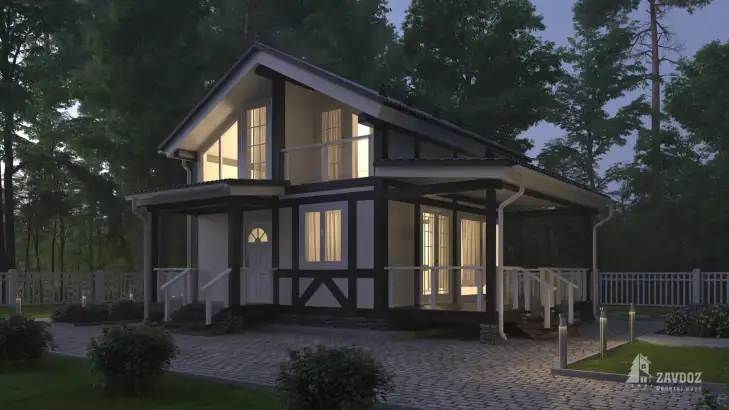 Проект фахверка из клееного бруса 14017-FK «Юбриг-1». Вид ночной сбоку