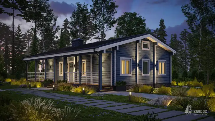 Проект дома из клееного бруса 14834 «Альбе». Вид ночной сбоку