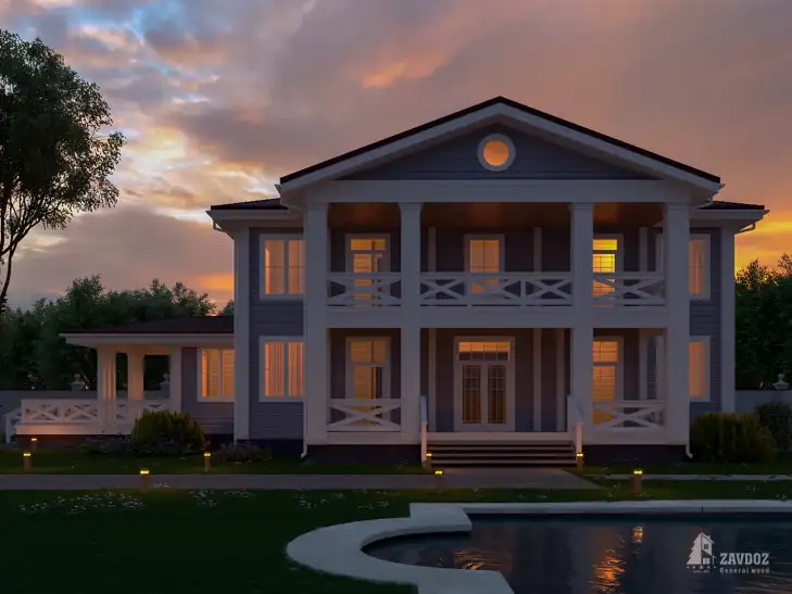 Проект 16142 «Гран-Комбен» - дом клееный брус . Вид ночной прямо