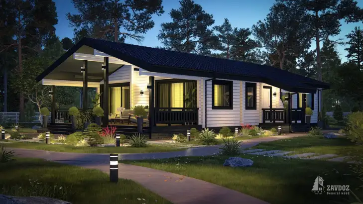 Проект дома из клееного бруса 20221 «Фрибург». Вид ночной сбоку