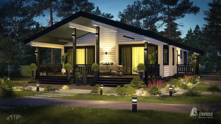 Проект дома из клееного бруса 20221 «Фрибург». Вид ночной прямо