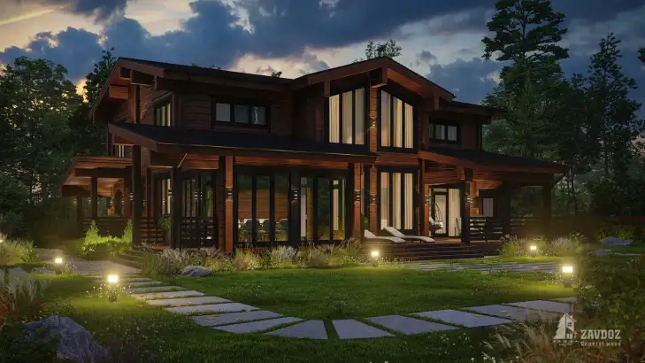 Проект 33141 «Кассель» - дом клееный брус . Вид ночной сбоку