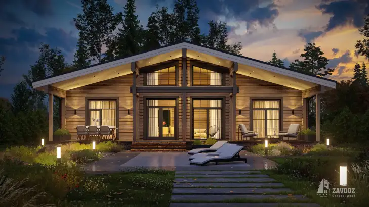Проект дома из клееного бруса 33439 «Минден». Вид ночной прямо