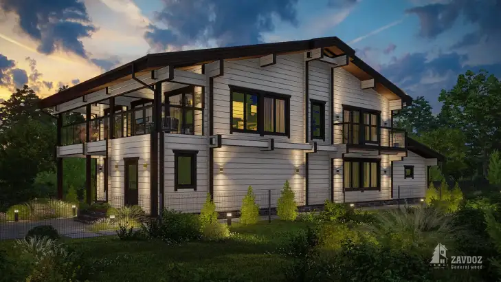 Проект 33557 «Дортмунд» - дом клееный брус. Вид ночной сзади