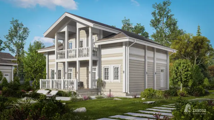 Проект дома из клееного бруса 33576 «Вельс». Вид со стороны террасы