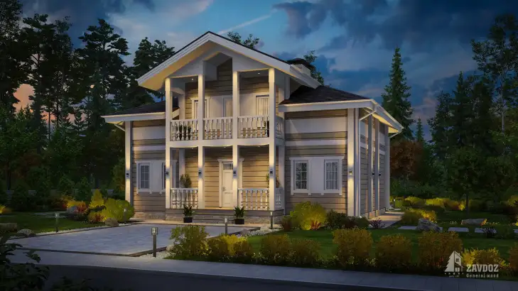 Проект дома из клееного бруса 33576 «Вельс». Вид ночной справа