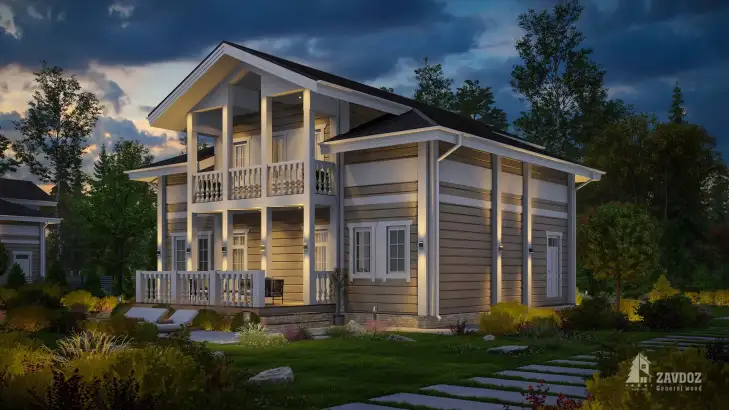 Проект дома из клееного бруса 33576 «Вельс». Вид ночной сбоку