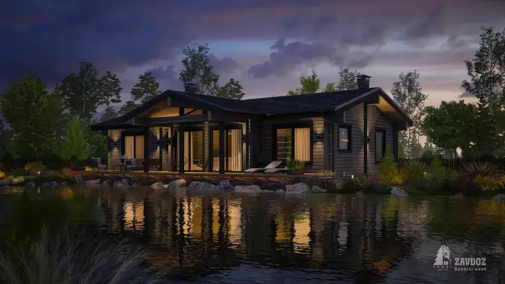 Проект дома из клееного бруса 33689 «Вилле». Вид общий ночной