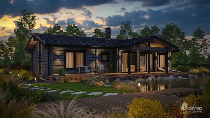 Проект дома из клееного бруса 33689 «Вилле». Вид сбоку ночной