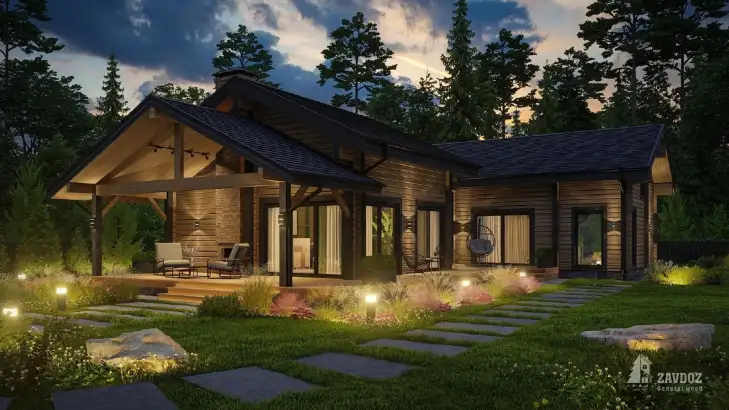 Проект 6581 «Хазель» - дом клееный брус . Вид ночной сбоку