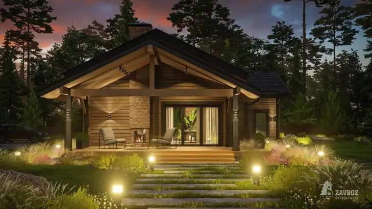 Проект 6581 «Хазель» - дом клееный брус . Вид ночной прямо