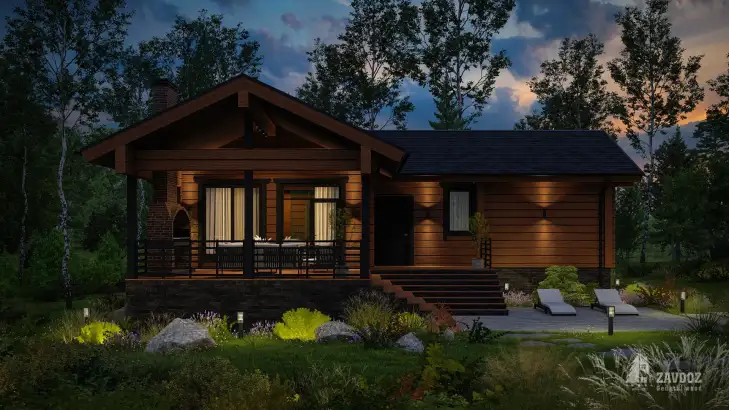 Проект бани из клееного бруса 6665 «Байкал». Вид ночной прямо