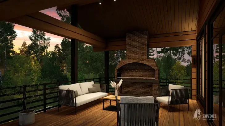 Проект бани из клееного бруса 6665 «Байкал». Вид на террасе