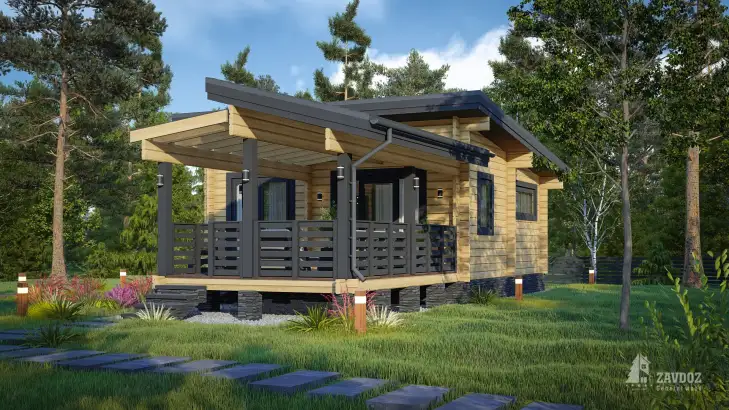 Проект бани из клееного бруса «Эльтон». Вид со стороны террасы