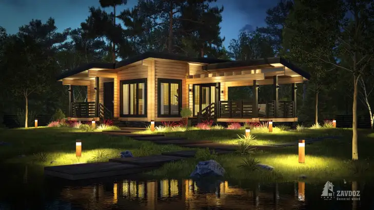 Проект бани из клееного бруса «Эльтон». Вид ночной сбоку