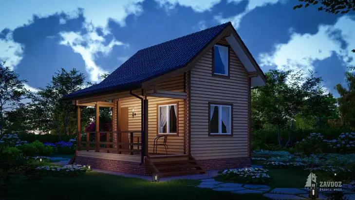 Проект двухэтажной дачи из клееного бруса размером 6х6. Общий план ночной
